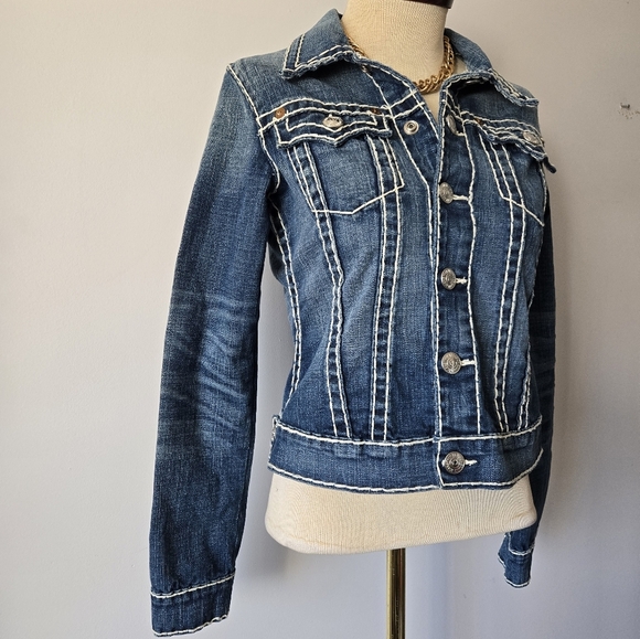 TRUE RELIGION " Emily" Dark Wash Blue Denim Jacket. Size Small - Picture 3 of 15